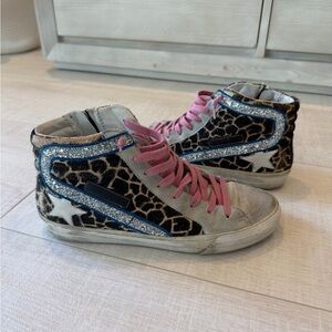 Golden Goose Leopard High-Top Sneakers with Pink Laces and Blue Glitter Trim
